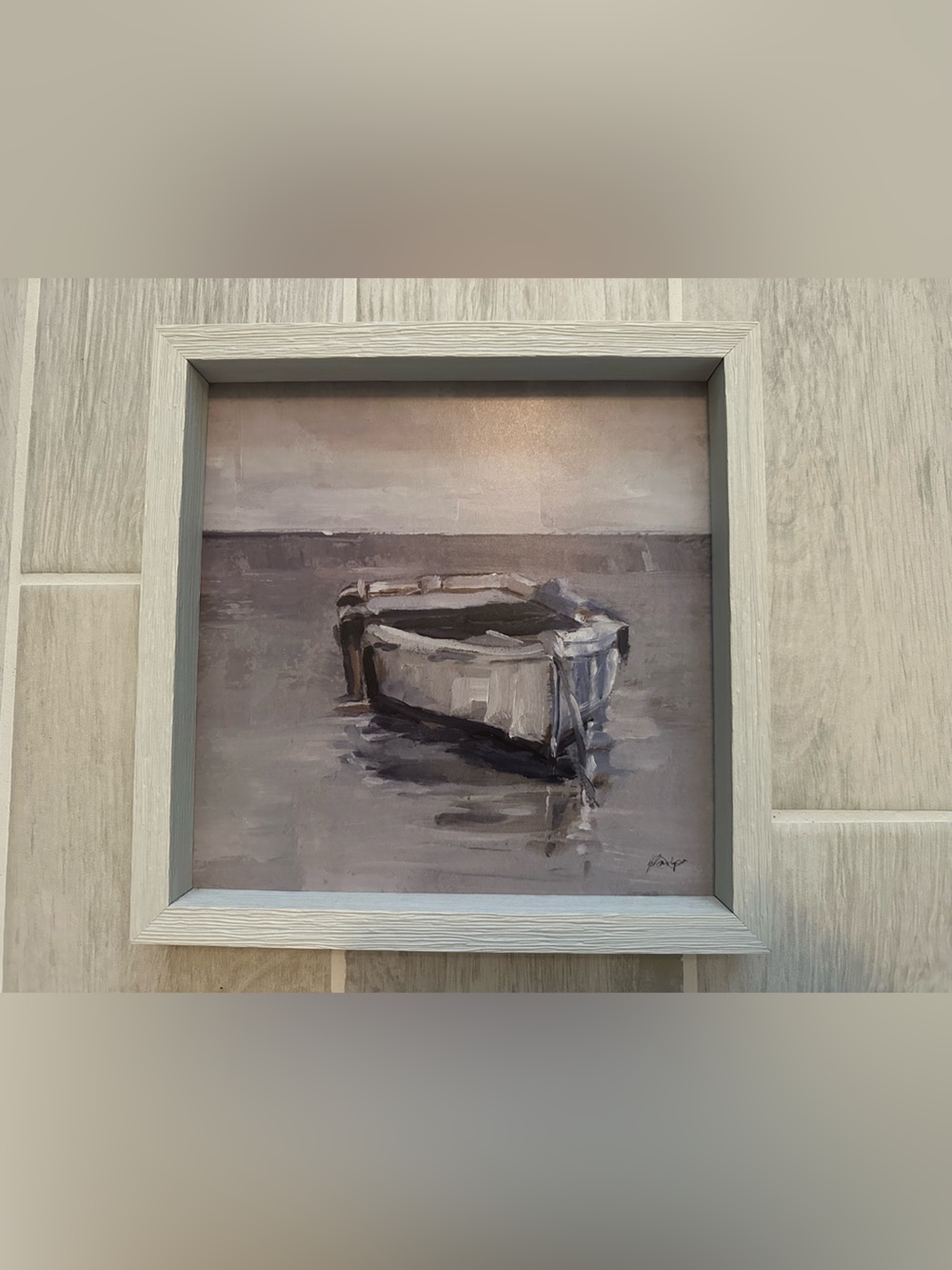 Framed Neutral Boat Artwork- Gray and Cream Coastal Print